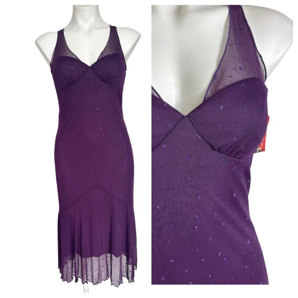 VTG y2k Purple Whimsigoth Fairy Dress McBling Sheer Mesh Overlay M